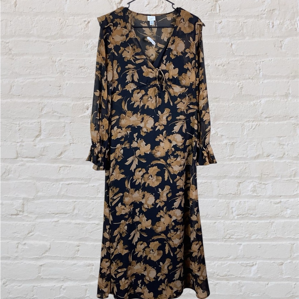 A New Day Dress Size Small Brown Black Floral Long Sleeve Maxi NWOT